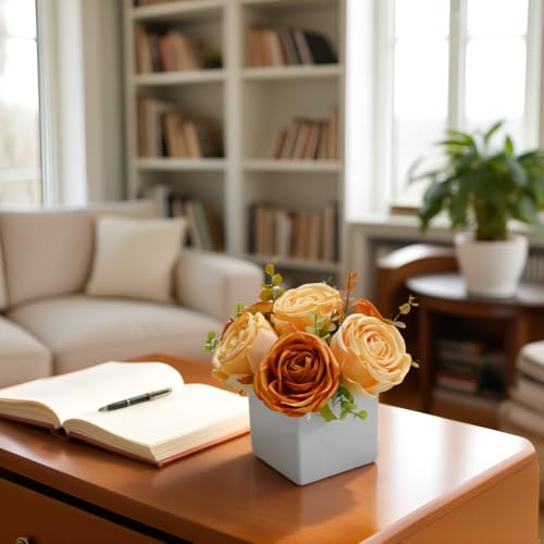 Fall Artificial Orange Silk Fake Rose with Ceramic Vase Autumn Table Decor | White Ceramic Vase Floral Arrangement, Autumn Decor for Office Kitchen Shelf Bathroom Shelf FarmhouseThanksgiving Halloween - color: Orange