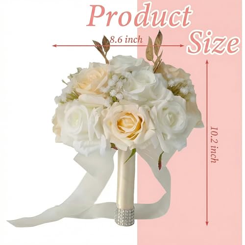 Wedding Bouquets for Bride, White and Champagne Bridal Bouquet | Realistic Silk Rose for Rustic Boho Church Ceremony, Proposal, Thanksgiving, Wedding Decor - color: White and Champagne