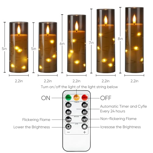 Homemory Flameless Candles with Star String Fairy Lights, Battery Operated Candles, LED Candle, Fake Candles with Remote Control and Timer, Modern Home Decor, Grey, Set of 5 - color: Grey-5pcs, size: 5pcs, D2.2"x H5"5"6"7"8"