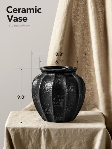 LE TAUCI 9" Ceramic Vase, Artisan Large Black Ceramic Vase for Modern Home Decor, Substantial & Stable, Handcrafted Flower Vase, Living Room & Dining Room Table Centerpiece, Distressed Iron Black - color: Distressed Iron Black, size: 9 inch