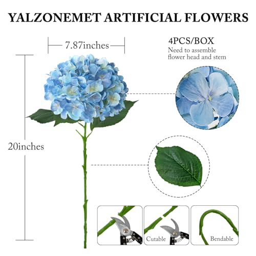 YalzoneMet 4Pcs Blue Silk Hydrangeas Artificial Flower Lifelike Big Blooms 20'' Long Stem Faux Hydrangea Flower Bouquets for Home Indoor Baby Shower Spring Outdoor Wedding Table Centerpiece Decor - color: Blue