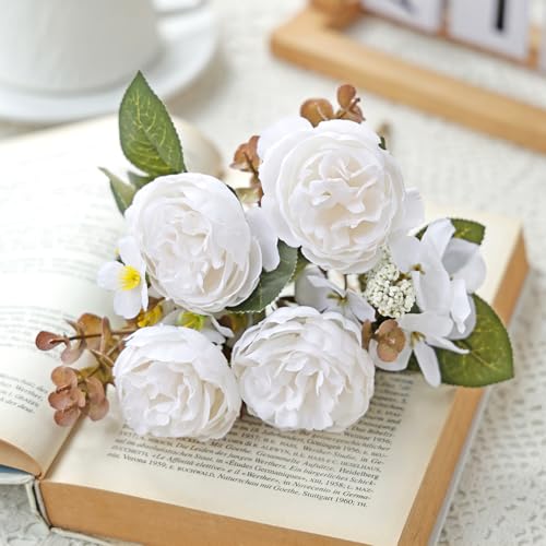 DEMIUKO 4PCS Peonies Artificial Flowers,White Faux Peony Bouquet Fake Silk Flower for Vase Faux Floral Arrangements Plastic Flowers for Farmhouse Home Kitchen Table Centerpiece Party Wedding Decor - color: White, size: 4PCS