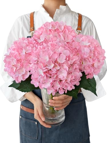 JINWOE Pink Silk Hydrangea Fake Flowers, 4PCS 21" Large Lifelike Outdoor Artificial Flowers Bouquets Faux Hydrangea Stems for Home Wedding Party Table Core Decoration - color: Peach Pink