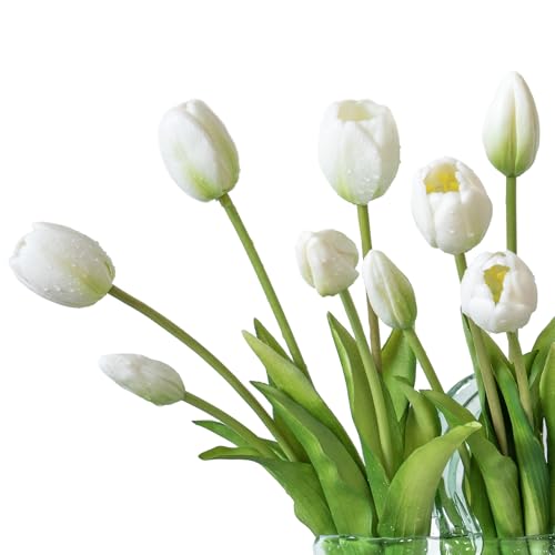 DUYONE 15Pcs Artificial Tulips Flowers, Soft Touch Realistic Latex Tulips Bouquet for Home Office Wedding Party Garden Decor, Fake Flowers for Centerpieces Dining Table Living Room Spring-B White - color: B Style-15pcs White (No Vase)