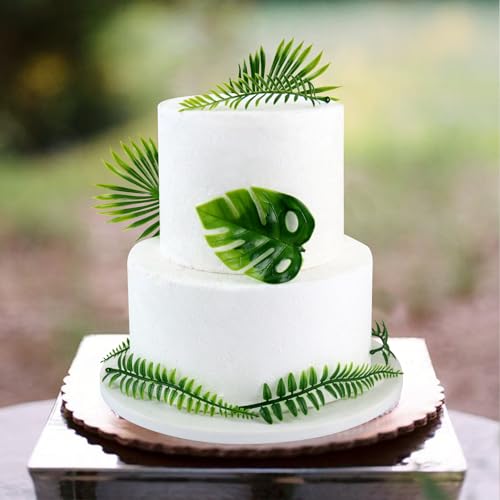 30PCS Artificial Monstera Leaf Cake Toppers Tropical Palm Green Leaves Cake Decors for Summer Safari Animal Boys Girls Birthday Tropical Rainforest Baby Shower Party Table Centerpiece Decorations - color: Green Leaves