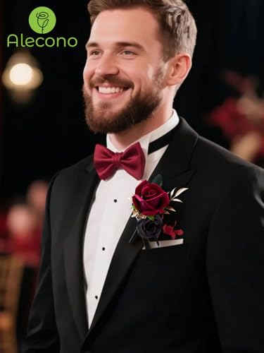 Alecono Boutonniere for Men, Set of 2 Burgundy and Black Boutonniere for Wedding Groom Bridegroom, Artificial Flowers for Prom Graduation Ceremony Anniversary - color: Burgundy, size: Boutonniere 2pcs