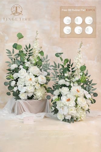 TINGE TIME Free-Standing Artificial Flower Set of 2, Table Centerpiece with Rubber Pad, Silk Fake Flower for Wedding Centerpiece Archway Aisle Welcome Entrance (IvoryWhite) - color: Ivorywhite