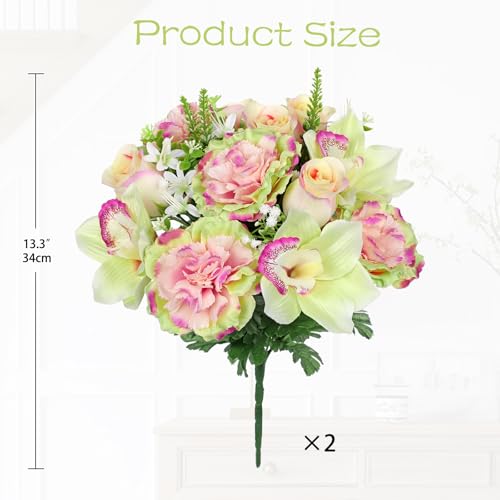Briful Artificial Flowers Bouquet - 2 Pack Faux Silk Floral Arrangement Fake Carnations Roses Orchid Mixed Flower for Home Office Room Vase Memorial Grave Outdoor Decor - color: Green Pink