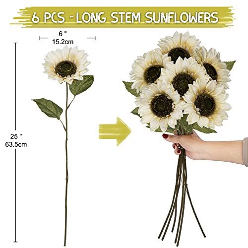 Hollyone Large Silk White Sunflowers Artificial Flowers 26" Long Stem Sunflowers Fake Flowers 6PCS Faux Vintage Fall Sunflowers Bouquet Bulk for Home Wedding Birthday Party Centerpieces Decorations - color: Yellow Cream
