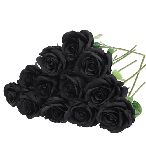 Felice Arts 12 Pack Black Roses Artificial Silk Flowers, Realistic Fake Roses Bouquet with Short Bendable Stems for Home Kitchen Vase Arrangements Wedding Centerpiece Halloween Party DIY Decor - color: Black