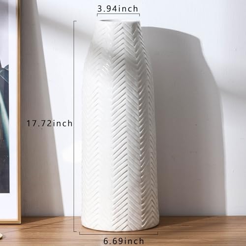 hjn Large White Vase for Flowers Ceramic Vase for Home Decor Tall Vases for Your Floor/Kitchen/Office/Living Room/Table- White Texture(Large) - size: 7D'' x 18"H