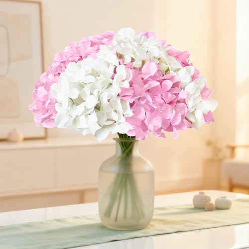 20 Pcs White and Pink Hydrangea Artificial Flowers Bulk, Faux Hydrangea Flowers Heads, Artificial Fake Silk Hydrangea Flowers with Stems, White Flowers Artificial for Decoration Wedding Décor - color: White Pink, size: 20 Pcs