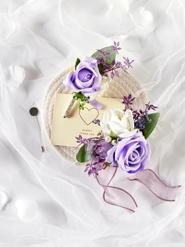 SITUMEIZI 2Pcs Purple Corsage and Boutonniere Set Wrist Corsage Bracelets and Boutonniere for Men Wedding Prom Party Suit Decor - color: Purple