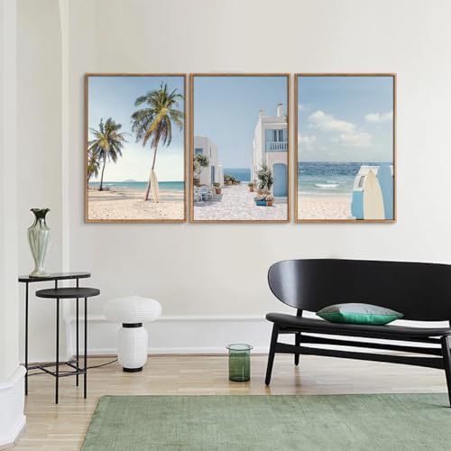 Rantodecor Beach Themed Framed Canvas Wall Art, Palm Tree Surfboard Van Wall Decor, Nordic Blue and White House Art Painting, Modern Relaxing Seascape Artwork for Bedroom Living Room Office 24"x36"x3 - color: Beach Themed, size: 36"x24"