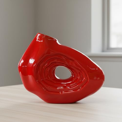 Sunddo Red Ceramic Vase, 7 Inch Small Boho Style Decorative Vases for Flowers, Donut Modern Flower Vase for Home Decor, Art Nordic Aesthetic Vases, Living Room, Desk Decor - color: Red, size: 7 inch