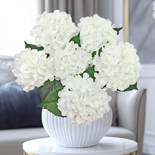 6PCS White Hydrangea Artificial Flowers, Bulk Silk Fake Flower with Stems, Faux Hydrangeas Bouquets for Home Décor, Wedding, Party, and Office Table Centerpieces. - color: White