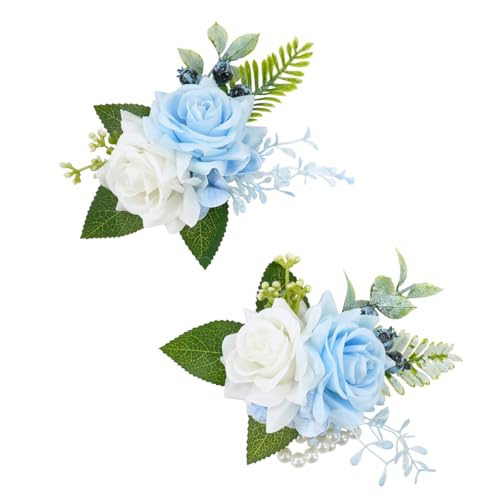 Light Blue Corsage and Boutonniere Set for Wedding Prom, Artificial Rose Flower Wrist Corsage Bracelets, Homecoming Corsage Wristlet, Boutonniere for Men Wedding Suit Decorations - color: Light Blue