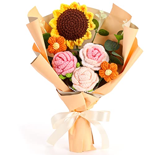 Omldggr Completed Crochet Flower Bouquet, Orange Handmade Knitted Bouquet, Crochet Bouquet Kit Knitted Fake Sunflower Rose Daisy for Valentines Day Mother's Day Birthday Wedding Decor Mom Gift - color: Orange-rose+sunflower