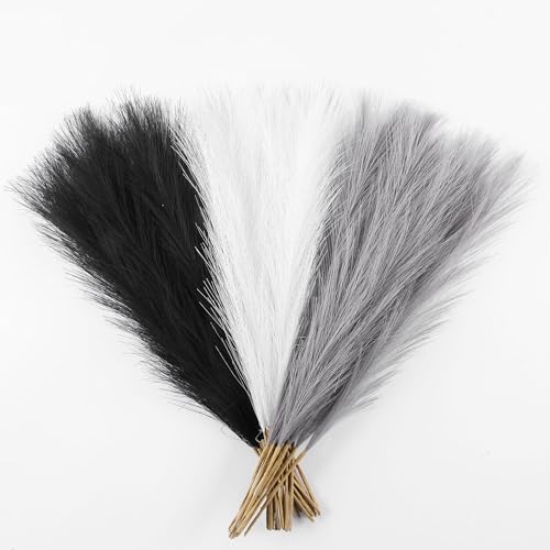 Black&White&Gray Pampas Grass Small, 30 Pcs 17" Faux Pampas Grass Short Decor, Pompas Grass Flower Arrangement and Vase Filler for Boho Home Wedding Decoration - color: Black&white&gray, size: 17'' Tall