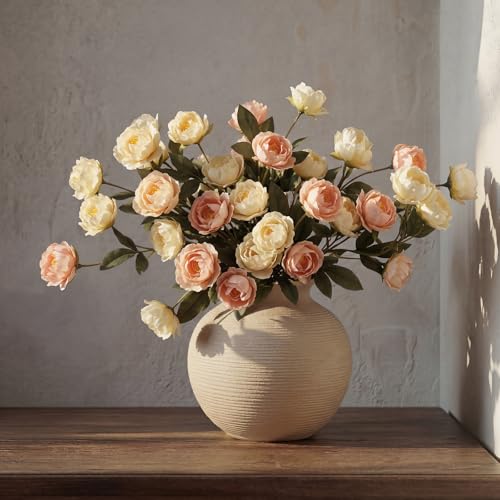 6 Pcs 32" Large Beige Pink Artificial Peonies Stems Flowers, Real Look Faux Silk Peony Bouquet 42 Heads Total for Vase Filler, Farmhouse Rustic Neutral Home Decor, Wedding Centerpieces - color: Beige and Pink