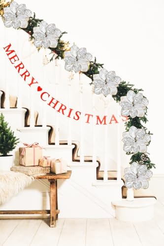 Briful Magnolia Artificial Flowers 21.2" White Silver Fake Magnolia Flower Stems with Specially Designed Mottled Petals Christmas Tree Flowers for Holiday Wreath Garland Xmas Decor - color: White Silver