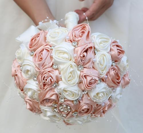 Ujicde Romantic Wedding Bouquet Bridal Bridesmaid Round Bling Brooch Bouquet Throw Toss Artificial Rose Flower Bunch with Sparkle Rhinestone Crystal Decoration(Peach Pink+Ivory,Dia. 6.3"*16cm) - color: Peach Pink+ivory, size: Dia. 6.3"*16cm
