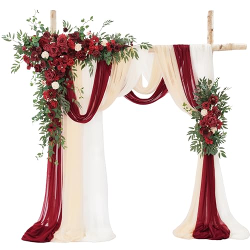 TINGE TIME Wedding Arch Flowers Kit - Deluxe 5pcs Artificial Floral Swag with 3 Sheer Drapes, Realistic Silk Flower Arrangements for Wedding Ceremony Arbor Backdrop Reception Party Home Decor - color: Burgundy Red