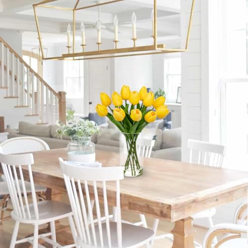 DILATATA 12 Pcs Artificial Real Touch Tulips Flowers in Glass Vase with Faux Water, Tulips Fake Arrangements Yellow Tulips with Vase for Dining Table Home Decor Wedding Centerpieces - color: Cylindrical Vase/Yellow/1 Set