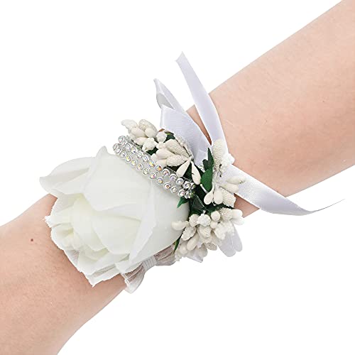 Wrist Corsage 4 Packs Wedding Bridal Wrist Flower Rose Wristband Corsage Flower for Bride Bridesmaid Perfect for Wedding, Prom, Party (4 Packs, Wrist-White) - color: Corsage-white, size: 4 Packs