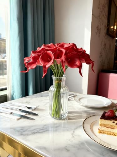18PCS Real Touch Artificial Calla Lily Flowers for Decoration, Outdoor Wedding Bouquets, Lifelike Faux Flowers for Home, Garden, Party, and Event Decor(Red) - color: Red