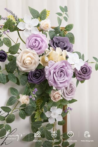Ling's moment Wedding Artificial Welcome Sign Flowers Swag Arch Floral Garland Decorations Lilac Gold for Ceremony Reception Entrance Entryway Party Banquets Easel Wall Home Outdoor(NOT Include Sign) - color: Lilac & Gold