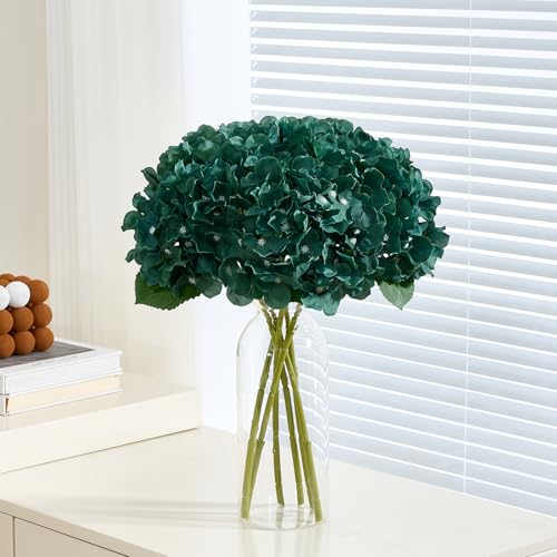 8Pcs Emerald Green Fake Flowers Silk Hydrangea Artificial Flowers Bouquets Faux Hydrangea Stems for Home Table Centerpieces Wedding Party Decoration - color: Emerald Green