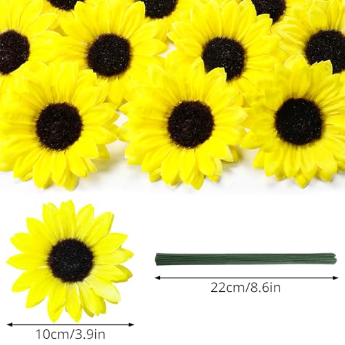 Coferset 40pcs Fake Sunflower Heads with Stems, 4" Sunflower Artificial Silk Flower Heads for Crafts, Sunflower Decorations for Birthday Party Baby Shower Wedding Bathroom Home Decor(Bright Yellow) - color: Bright Yellow-40pcs