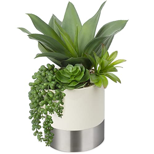 Hollyone Large Artificial Succulents Plants Faux Succulents 12" Fake Succulent Plants in Sliver Ceramic Pot Succulent Plant for Desk Modern Home Living Room Office Table Shelf Decor - color: Mercury - Silver 2