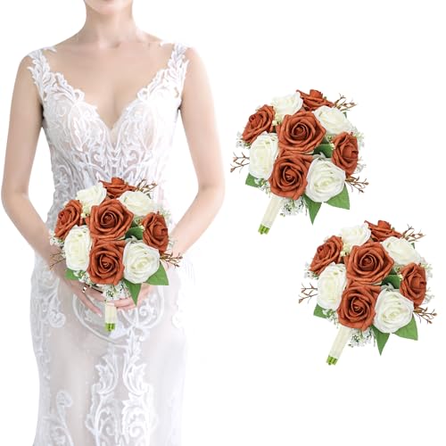 Artificial Bridesmaid Bouquets Set of 2 - Wedding Bouquet Burnt Orange Rose White Babys Breath 7 Inch Flower Bride Bouquet for Wedding Bridal Shower Centerpiece Ceremony Anniversary Decorations - color: Orange & White, size: Set of 2 Bridesmaid Bouquets