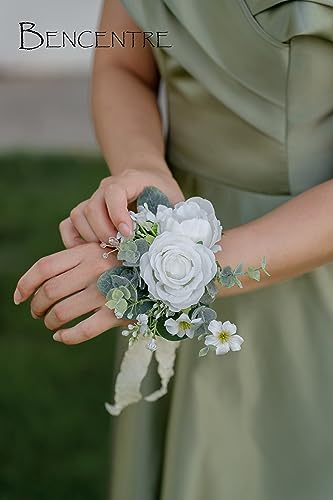 White Corsages for Wedding(Set of 6),Corsages for Prom,Party Prom Hand Flower Decor,Mother of The Bride Corsage,Bridesmaid Wrist Corsage - color: White&greenery