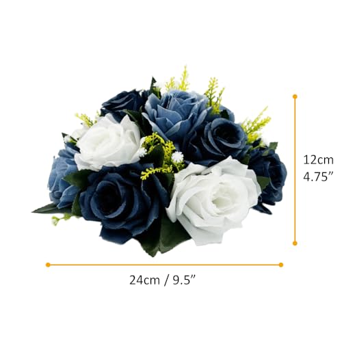 10Pcs Fake Flower Ball Arrangement Bouquet, 9.5" 15 Heads Plastic Roses with Base,Suitable for Parties Valentine's Day Wedding Centerpiece Flower Rack and Home Décor (Dusty Blue & White) - color: Dusty Blue & White