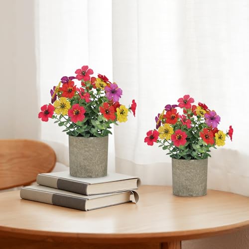 2 Pack Small Fake Plants Potted Artificial Plants Artificial Flowers Potted Faux Flower Daisy with Eucalyptus Leaves for Home Decor Office Room Farmhouse Indoor Table Bathroom Decor（Colorful） - color: Colorful