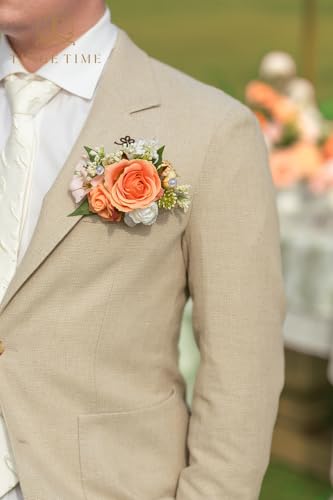 Tinge TIME Luxury Groom Boutonniere for Wedding, 1 PCS Pocket Boutonniere for Men Wedding, Artificial Corsage for Prom Formal Dinners Homecomings Anniversaries Ceremonies (CoralPink&Champagne) - color: Coralpink&champagne