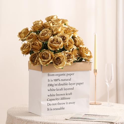 Veryhome 10 Pcs Artificial Gold Flowers Silk Roses Real Touch Bridal Wedding Bouquet Gold Rose for Christmas Home Garden Party Floral Decor - color: Blooming Rose - Gold