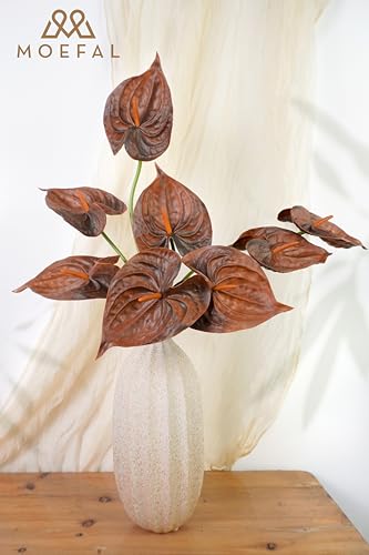 Real Touch Anthurium Artificial Flowers, 8pcs Brown Faux Tropical Flowers with Stems for Boho Wedding Bouquets, Rust Fall Centerpieces & Jungle Party Decoration - color: Brown