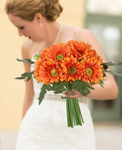 IPOPU 14 Pcs Artificial Gerbera Daisy Flowers 2 Bundles Orange Fake Daisy with Stems Faux Silk Daisy Flowers for Wedding Bridal Bouquet Party Floral Arrangements Home Decoration (Orange) - color: Orange