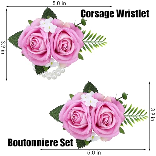 2PCS Pink Rose Wrist Corsage Wristlet Band and Men Boutonniere Set, for Wedding Anniversary Ceremony Artificial Flowers Accessories Prom Party Suit Decorations - color: Pink
