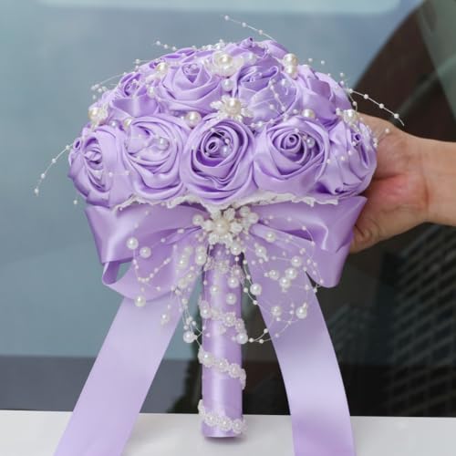 Bridal Wedding Bouquet with Pearl Brooch Bouquet for Bride Bridesmaid Quinceanera Satin Rose Flower Bouquet Wedding Light Purple 8.7in - color: Light Purple