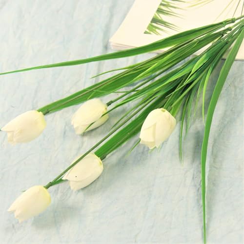 10 Bundles Artificial Tulips Flowers Outdoor,16.5 inch UV Resistant Fake Tulips Real Touch Flowers,Faux Tulips Realistic Flowers for Home Garden Outside Wedding Decor (White) - color: White