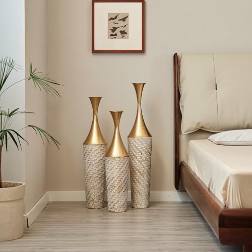 Floor Vases, Tall Home Decor Metal Vase Set of 3 Large Glazed Decorative Vases for Wedding Decor, Elegant Modern Flower Holder for Living Room, Entryway, Hallway - color: Lattice White Gold
