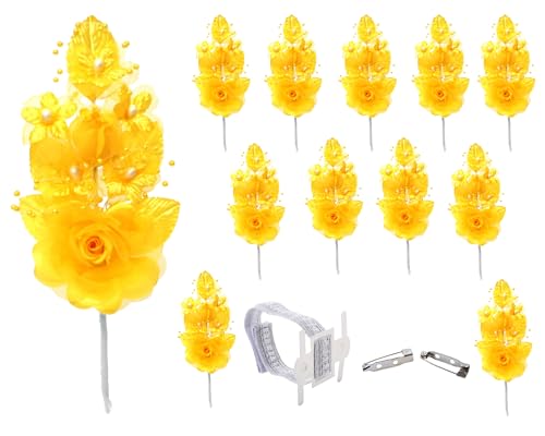 Set of 12 Artificial Silk Organza Craft Rose Flower, 12 Corsage Wristlet, 12 Pin Back DIY Boutonnieres for Wedding, Bridesmaids, Groomsmen, Quinceanera, Prom, Sweet 16 (Gold Yellow) - color: Gold Yellow