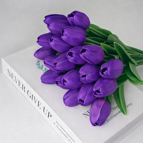 20 Pcs Tulips Artificial Flowers, 13.5'' Real Touch PU Fake Flowers Bouquet for Home Party, Spring Wedding Floral Arrangement, Valentine's, Easter and Mother's Day Decor (Purple) - color: Purple