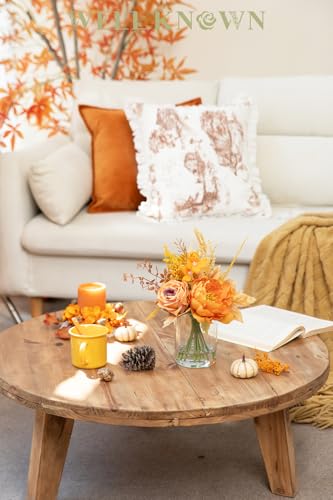 WELL KNOWN Artificial Flowers in Glass Vase, Orange Wrist Gold Silk Rose Peony Flower Bouquet with Fake Water for Fall Winter Home Dinning Table Wedding Christmas Party Lavatory Kitchen Decor & Gift - color: Orange Wrist Gold