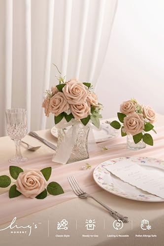 Ling's moment Artificial Flowers 25Pcs Nude Roses Decor w/Stems,3" Real Touch DIY Foam Floral for Wedding Bouquet/Centerpieces, Outdoors Party Backdrop, Room/Table, and Garden/Pot Decorations - color: Br-nude, size: 25Pcs
